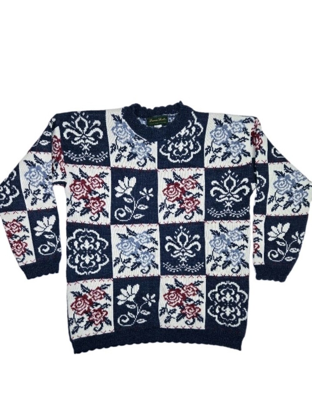 Dana Scott Floral Patchwork Knit Vintage Sweater Size L 90s Cottagecore